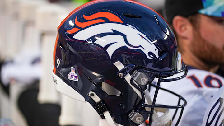 Oct 12, 2023; Kansas City, Missouri, USA; A general view of a Denver Broncos helmet against the Kansas City Chiefs prior to a game at GEHA Field at Arrowhead Stadium. Mandatory Credit: Denny Medley-Imagn Images