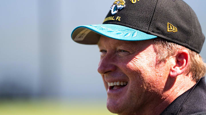Former NFL Coache Jon Gruden have a laugh while attending an NFL training camp session ten at the Miller Electric Center, Tuesday, Aug. 5, 2025, in Jacksonville, Fla. [Doug Engle/Florida Times-Union]