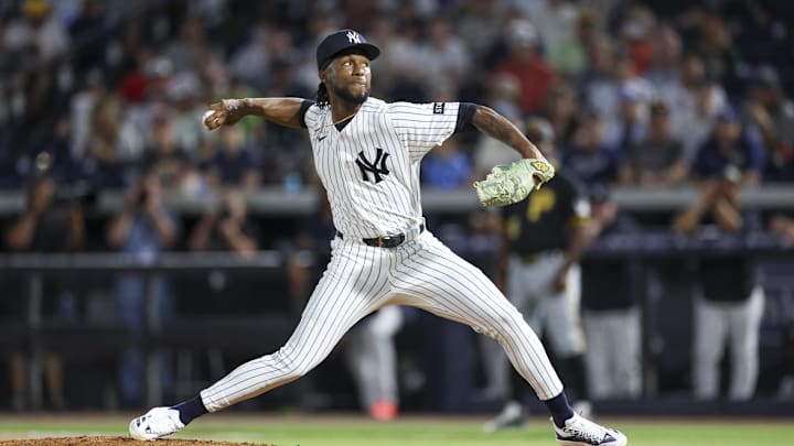 Mar 9, 2026; Tampa, Florida, USA; New York Yankees pitcher Angel Chivilli (57) throws a pitch against the Pittsburgh Pirates in the fifth inning during spring training at George M. Steinbrenner Field. Mandatory Credit: Nathan Ray Seebeck-Imagn Images