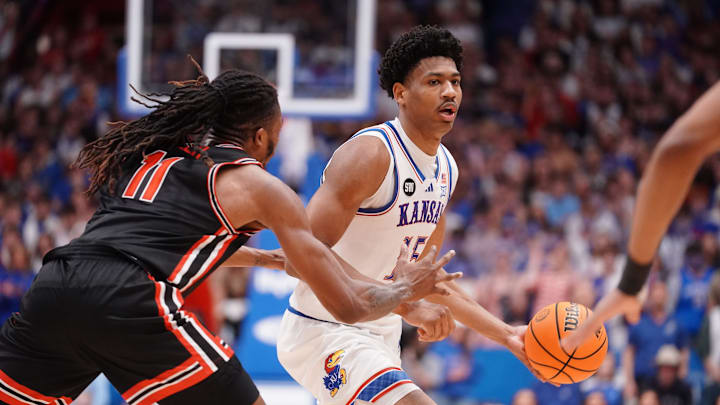 Kansas Jayhawks forward Bryson Tiller (15) looks for a pass against Houston Cougars during the game inside Allen Fieldhouse on Monday, Feb. 23, 2026.