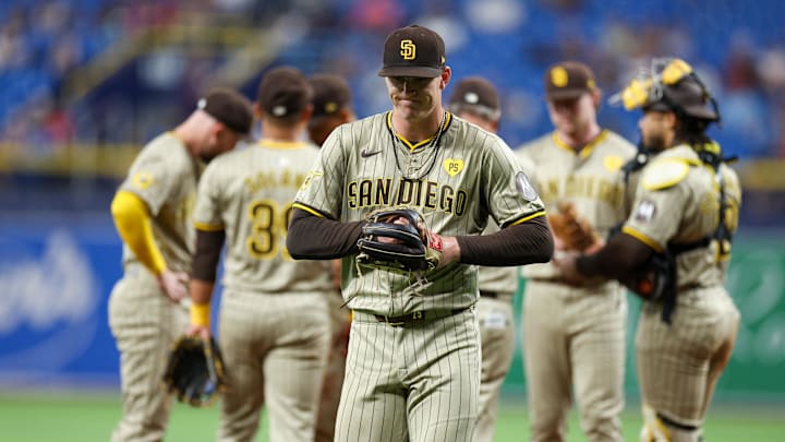 Aug 30, 2024; St. Petersburg, Florida, USA; San Diego Padres pitcher Sean Reynolds (25) leaves the game against the Tampa Bay Rays in the seventh inning at Tropicana Field. Mandatory Credit: Nathan Ray Seebeck-Imagn Images