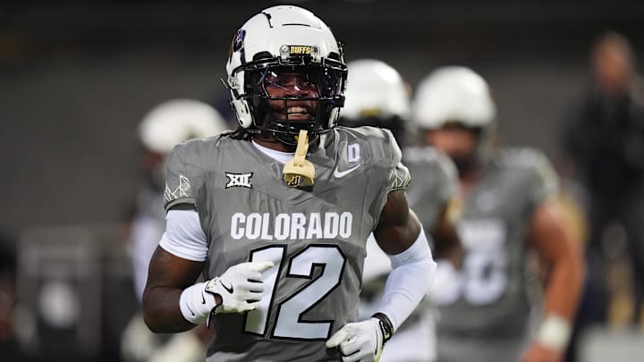 Colorado Buffaloes receiver Travis Hunter reacts to scoring a touchdown.