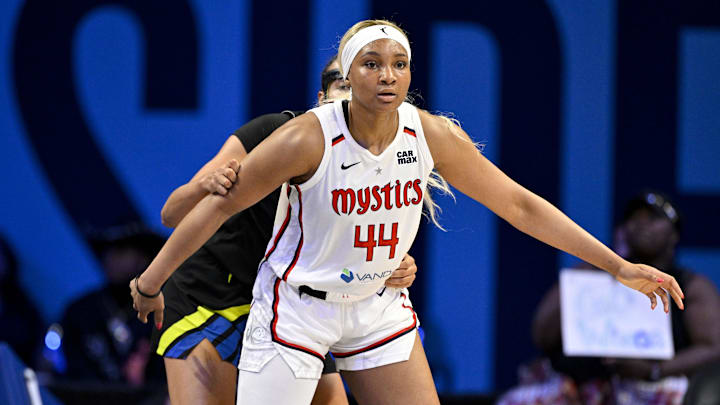 Jun 28, 2025; Arlington, Texas, USA; Washington Mystics forward Kiki Iriafen (44) in action during the game between the Dallas Wings and the Washington Mystics at College Park Center. Mandatory Credit: Jerome Miron-Imagn Images