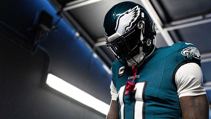 Dec 8, 2024; Philadelphia, Pennsylvania, USA;  Philadelphia Eagles wide receiver A.J. Brown (11) prepares to take the field for action against the Carolina Panthers at Lincoln Financial Field. Mandatory Credit: Bill Streicher-Imagn Images