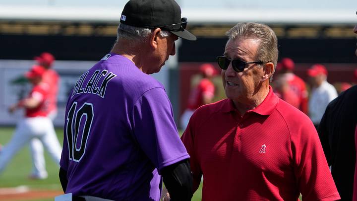 Mar 8, 2023; Tempe, Arizona, USA; Colorado Rockies manager Bud Black (10) talks to Los Angeles Angels owner Arte Moreno before a game at Tempe Diablo Stadium. Mandatory Credit: Rick Scuteri-USA TODAY Sports Mar 8, 2023; Tempe, Arizona, USA; Colorado Rockies manager Bud Black (10) talks to Los Angeles Angels owner Arte Moreno before a game at Tempe Diablo Stadium. Mandatory Credit: Rick Scuteri-USA TODAY Sports