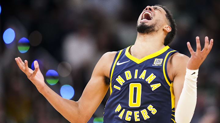 Oct 30, 2024; Indianapolis, Indiana, USA; Indiana Pacers guard Tyrese Haliburton (0) reacts to after scoring a three point basket during a game against the Boston Celticss at Gainbridge Fieldhouse. Mandatory Credit: Grace Smith-Imagn Images