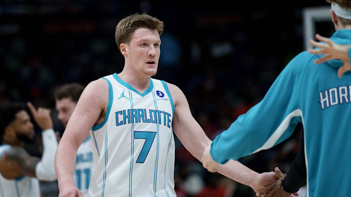Nov 4, 2025; New Orleans, Louisiana, USA; Charlotte Hornets guard Kon Knueppel (7) reacts after a three point basket during the first half against the New Orleans Pelicans at Smoothie King Center. Mandatory Credit: Matthew Hinton-Imagn Images