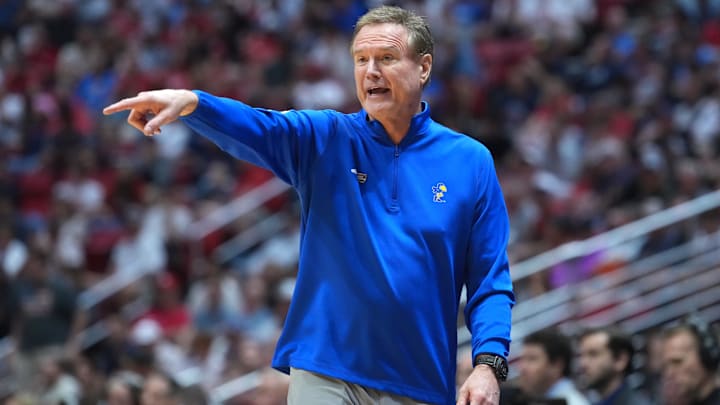 Mar 22, 2026; San Diego, CA, USA; Kansas Jayhawks head coach Bill Self reacts in the first half against the St. John's Red Storm during a second round game of the men's 2026 NCAA Tournament at Viejas Arena. Mandatory Credit: Kirby Lee-Imagn Images Mar 22, 2026; San Diego, CA, USA; Kansas Jayhawks head coach Bill Self reacts in the first half against the St. John's Red Storm during a second round game of the men's 2026 NCAA Tournament at Viejas Arena. Mandatory Credit: Kirby Lee-Imagn Images