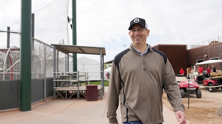 Cincinnati Reds president of baseball operations Nick Krall walks between fields at the Cincinnati Reds Player Development Complex in Goodyear, Ariz., on  Wednesday, Feb. 12, 2025. Mandatory Credit: Sam Greene/USA TODAY NETWORK via Imagn Images