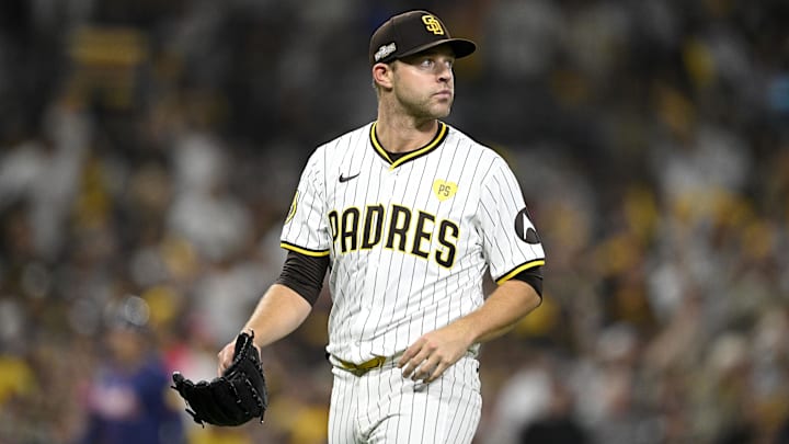 Oct 1, 2024; San Diego, California, USA; San Diego Padres pitcher Michael King (34) walks off the field after the sixth inning against the Atlanta Braves in game one of the Wildcard round for the 2024 MLB Playoffs at Petco Park. Mandatory Credit: Denis Poroy-Imagn Images