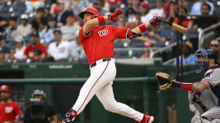 Jun 8, 2025; Washington, District of Columbia, USA; Washington Nationals right fielder Alex Call (17) hits a solo home run against the Texas Rangers during the fourth inning at Nationals Park. Mandatory Credit: Brad Mills-Imagn Images
