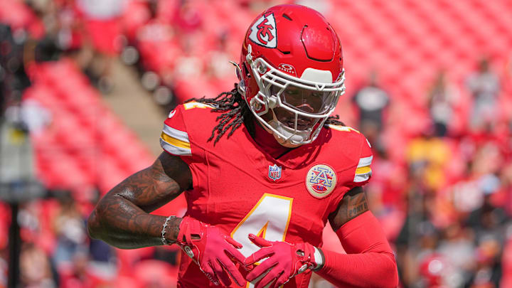 Kansas City Chiefs wide receiver Rashee Rice (4) warms up against the Cincinnati Bengals prior to a game at GEHA Field at Arrowhead Stadium. 