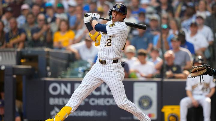 Jul 18, 2026; Milwaukee, Wisconsin, USA; Milwaukee Brewers designated hitter Christian Yelich (22) bats during the game against the Miami Marlins at American Family Field. Mandatory Credit: Jeff Hanisch-Imagn Images Jul 18, 2026; Milwaukee, Wisconsin, USA; Milwaukee Brewers designated hitter Christian Yelich (22) bats during the game against the Miami Marlins at American Family Field. Mandatory Credit: Jeff Hanisch-Imagn Images