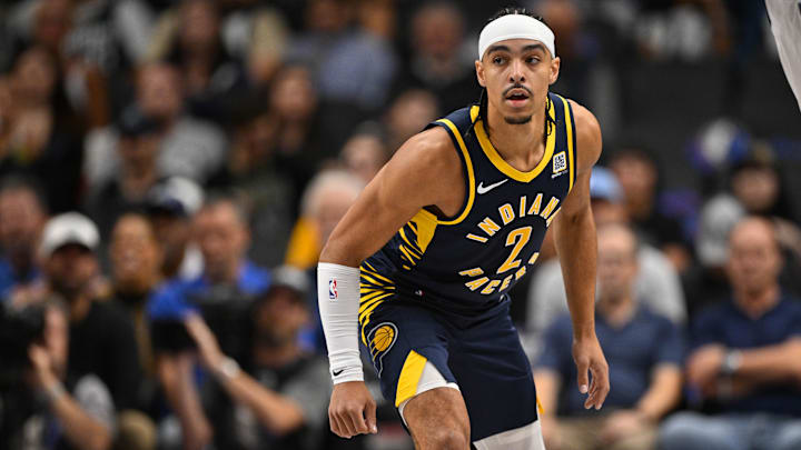 Nov 4, 2024; Dallas, Texas, USA; Indiana Pacers guard Andrew Nembhard (2) in action during the game between the Dallas Mavericks and the Indiana Pacers at American Airlines Center. Mandatory Credit: Jerome Miron-Imagn Images