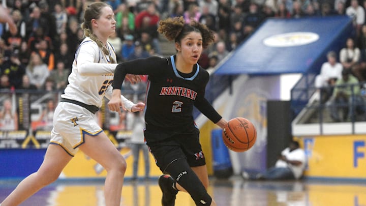 Monterey's Aaliyah Chavez dribbles the ball against Frenship during the big school girls bracket championship of the Caprock Classic, Saturday, Dec. 30, 2023, at Tiger Pit in Wolfforth. Chavez is a member of the 2024-25 High School on SI 6 preseason girls high school basketball All-American team. 
