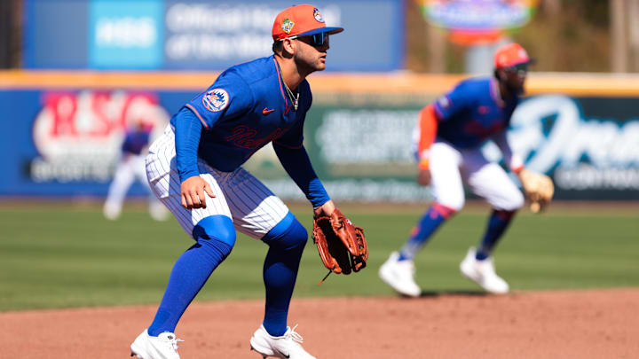 Feb 24, 2026; Port St. Lucie, Florida, USA; New York Mets third baseman Bo Bichette (19) plays his position against the Houston Astros during the third inning at Clover Park. Mandatory Credit: Sam Navarro-Imagn Images