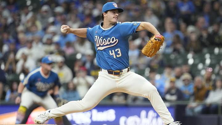 May 22, 2026; Milwaukee, Wisconsin, USA; Milwaukee Brewers pitcher Logan Henderson (43) delivers  a pitch against the Los Angeles Dodgers in the first inning at American Family Field. Mandatory Credit: Michael McLoone-Imagn Images