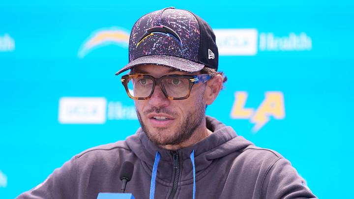 Jul 31, 2026; El Segundo, CA, USA; Los Angeles Chargers offensive coordinator Mike McDaniel during training camp press conference at The Bolt. Mandatory Credit: Kirby Lee-Imagn Images