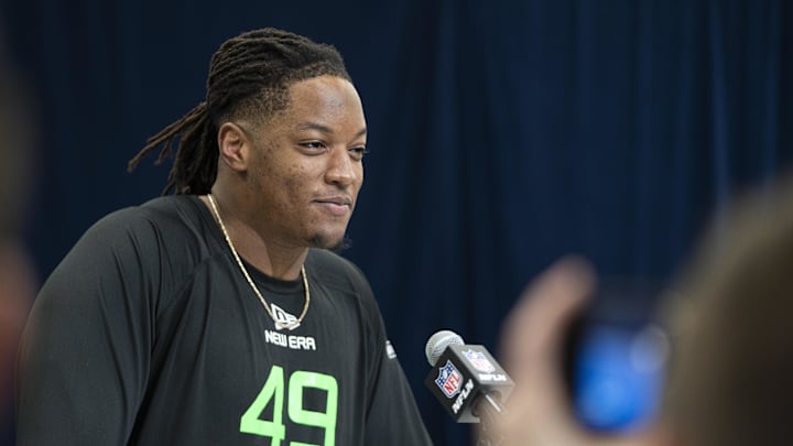 Mar 1, 2025; Indianapolis, IN, USA; University of Georgia offensive lineman Jared Wilson (OL49) answers questions at a press conference during the 2025 NFL Combine at Indiana Convention Center. Mar 1, 2025; Indianapolis, IN, USA; University of Georgia offensive lineman Jared Wilson (OL49) answers questions at a press conference during the 2025 NFL Combine at Indiana Convention Center.