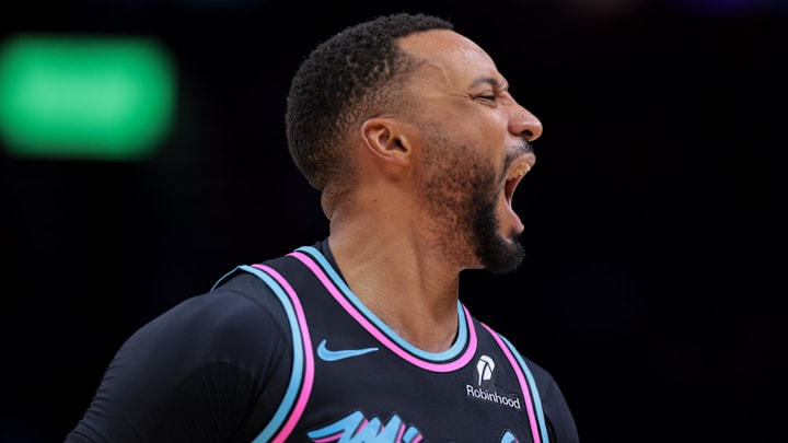 Nov 17, 2025; Miami, Florida, USA; Miami Heat guard Norman Powell (24) reacts against the New York Knicks during the fourth quarter at Kaseya Center. Mandatory Credit: Sam Navarro-Imagn Images