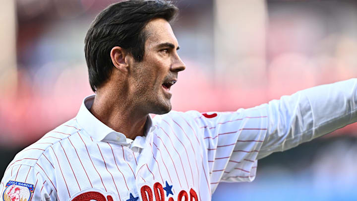 Former Philadelphia Phillies pitcher Cole Hamels reacts during a ceremony before the game against the Arizona Diamondbacks at Citizens Bank Park.