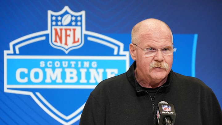 Feb 25, 2025; Indianapolis, IN, USA; Kansas City Chiefs oach Andy Reid speaks during the NFL Scouting Combine at the Indiana Convention Center. Mandatory Credit: Kirby Lee-Imagn Images