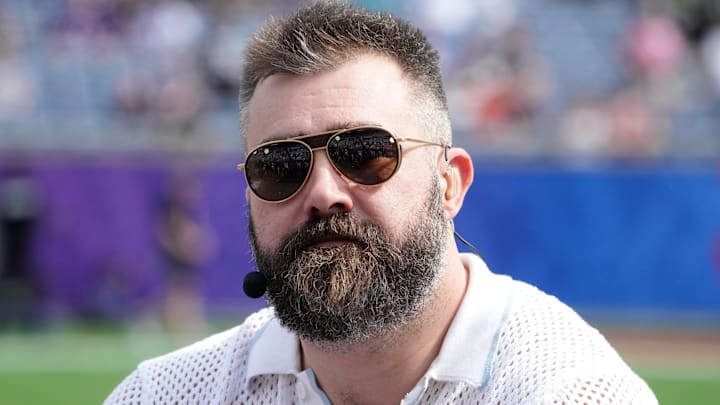 Feb 2, 2025; Orlando, FL, USA; Jason Kelce on the ESPN postseason countdown set during the 2025 Pro Bowl Games at Camping World Stadium. Feb 2, 2025; Orlando, FL, USA; Jason Kelce on the ESPN postseason countdown set during the 2025 Pro Bowl Games at Camping World Stadium.