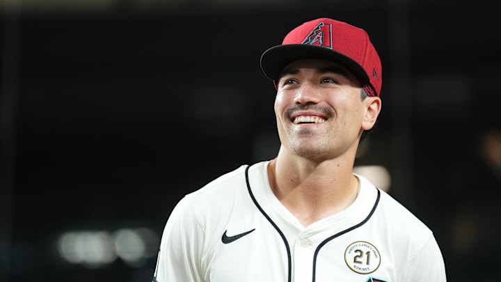 Sep 15, 2025; Phoenix, Arizona, USA; Arizona Diamondbacks outfielder Corbin Carroll is recognized as a finals for the Roberto Clemente Award before the game against the San Francisco Giants at Chase Field. Mandatory Credit: Joe Camporeale-Imagn Images