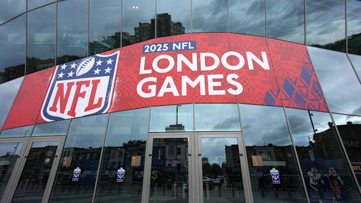 Oct 4, 2025; London, United Kingdom; A general overall view as a red double decker bus passes by Tottenham Hotspur Stadium. The stadium is the site of the 2025 NFL London Games between the Minnesota Vikings and the Cleveland Browns and Denver Broncos and the New York Jets.