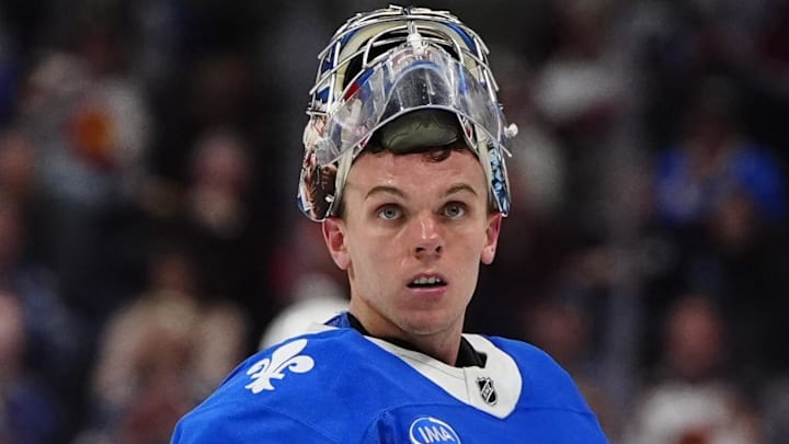 Jan 12, 2026; Denver, Colorado, USA; Colorado Avalanche goaltender Trent Miner (50) during the third period between the Toronto Maple Leafs at Ball Arena. Mandatory Credit: Ron Chenoy-Imagn Images