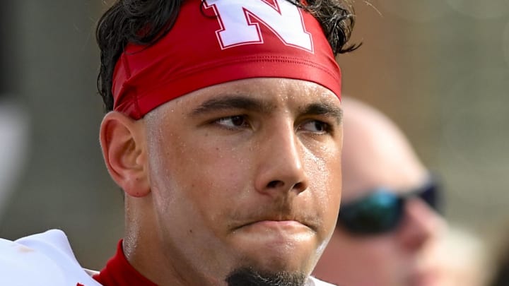 Oct 11, 2025; College Park, Maryland, USA;  Nebraska Cornhuskers quarterback Dylan Raiola (15) on the sidelines during the game against the Maryland Terrapins at SECU Stadium. 