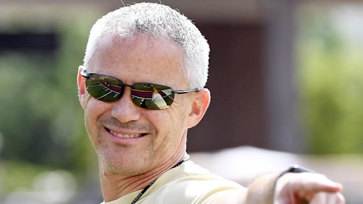 Apr 20, 2024; Tallahassee, Florida, USA; Florida State Seminoles head coach Mike Norvell smiles during the Spring Showcase at Doak S. Campbell Stadium. Mandatory Credit: Melina Myers-Imagn Images