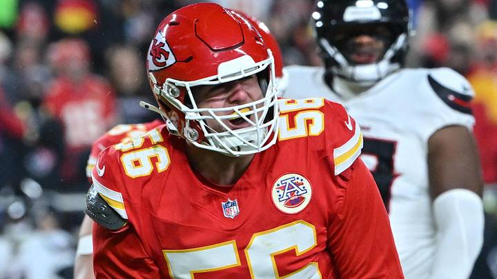 Dec 7, 2025; Kansas City, Missouri, USA; Kansas City Chiefs defensive end George Karlaftis (56) celebrates after a tackle during the first quarter against the Houston Texans at GEHA Field at Arrowhead Stadium. Mandatory Credit: Amy Kontras-Imagn Images Dec 7, 2025; Kansas City, Missouri, USA; Kansas City Chiefs defensive end George Karlaftis (56) celebrates after a tackle during the first quarter against the Houston Texans at GEHA Field at Arrowhead Stadium. Mandatory Credit: Amy Kontras-Imagn Images
