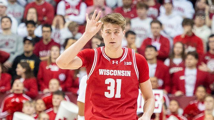 Wisconsin's Nolan Winter (31) celebrates a three-pointer during the Indiana versus Wisconsin men's basketball game at Simon Skjodt Assembly Hall on Saturday, Feb. 7, 2026. Wisconsin's Nolan Winter (31) celebrates a three-pointer during the Indiana versus Wisconsin men's basketball game at Simon Skjodt Assembly Hall on Saturday, Feb. 7, 2026.