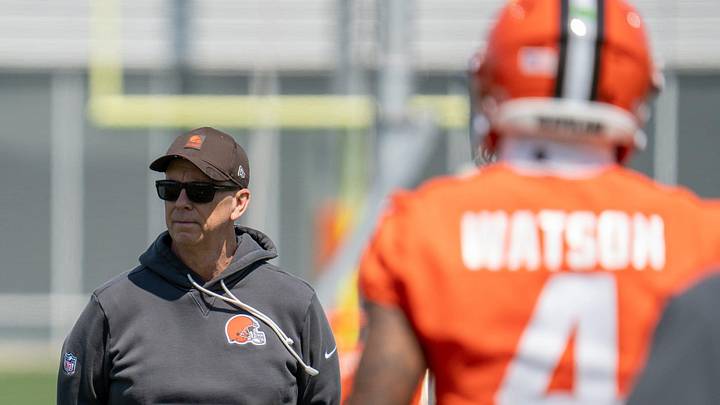 Browns coach Todd Monken watches players practice, including quarterback Deshaun Watson, April 21, 2026, in Berea. Browns coach Todd Monken watches players practice, including quarterback Deshaun Watson, April 21, 2026, in Berea.