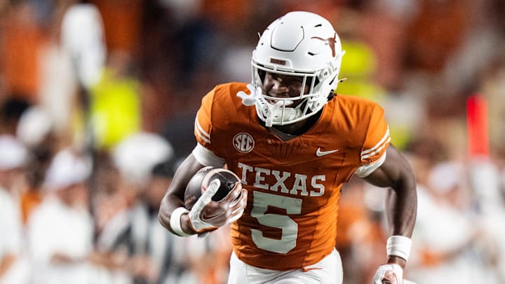 Texas Longhorns wide receiver Ryan Wingo (5) runs the ball in for a touchdown in the third quarter of the Texas Longhorns' game against the UTSA Roadrunners at Darrell K RoyalÐTexas Memorial Stadium, Saturday, Sept. 14, 2024. Texas won the game 56-7.