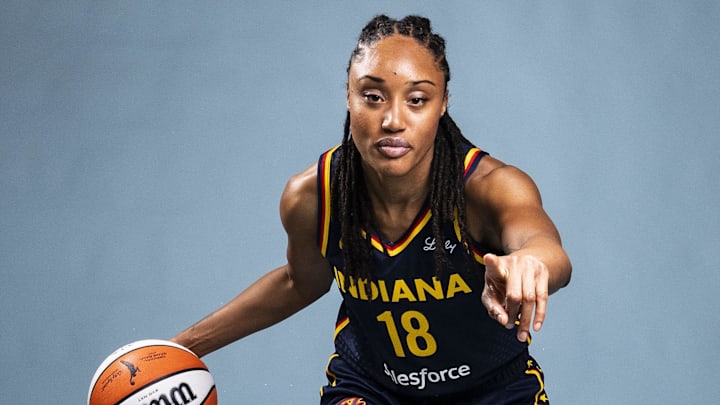 Apr 30, 2025; Indianapolis, IN, USA; Indiana Fever guard Jaelyn Brown poses for a photo Wednesday, April 30, 2025, during the Indiana Fever media day at Gainbridge Fieldhouse in Indianapolis. Mandatory Credit: Grace Smith-USA TODAY Network via Imagn Images Apr 30, 2025; Indianapolis, IN, USA; Indiana Fever guard Jaelyn Brown poses for a photo Wednesday, April 30, 2025, during the Indiana Fever media day at Gainbridge Fieldhouse in Indianapolis. Mandatory Credit: Grace Smith-USA TODAY Network via Imagn Images