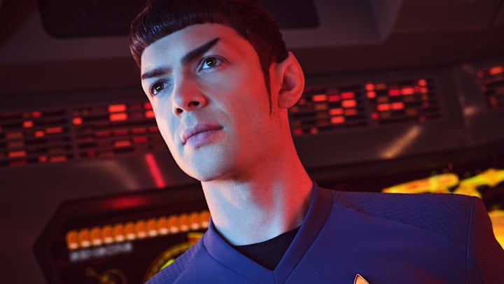 Pictured: Ethan Peck as Spock of the Paramount+ original series STAR TREK: STRANGE NEW WORLDS. Photo Cr: James Dimmock/Paramount+ ©2022 CBS Studios Inc. All Rights Reserved.
