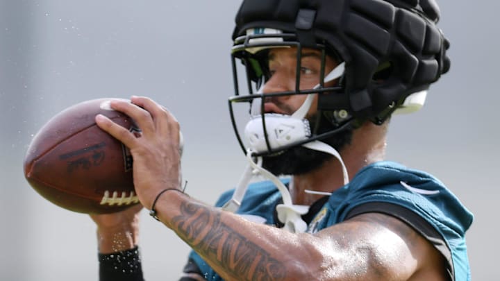 Jacksonville Jaguars wide receiver Gabe Davis (0) pulls in a pass during the second day of an NFL football training camp practice session Thursday, July 25, 2024 at EverBank Stadium, Miller Electric Center in Jacksonville, Fla.