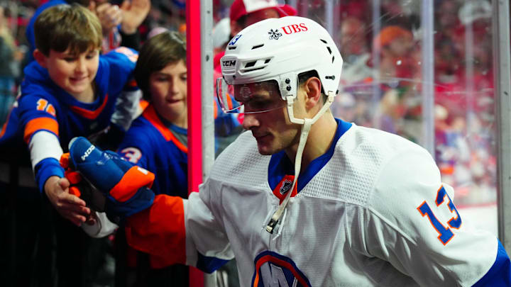 Nov 30, 2023; Raleigh, North Carolina, USA; New York Islanders center Mathew Barzal (13) goes past