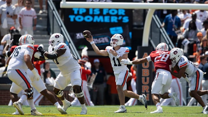 Auburn Tigers quarterback Jackson Arnold (11) throws the ball as Auburn Tigers take on South Alabama Jaguars at Jordan-Hare Stadium in Auburn, Ala. on Saturday, Sept. 13, 2025. Auburn Tigers lead South Alabama Jaguars 28-9 at halftime.
