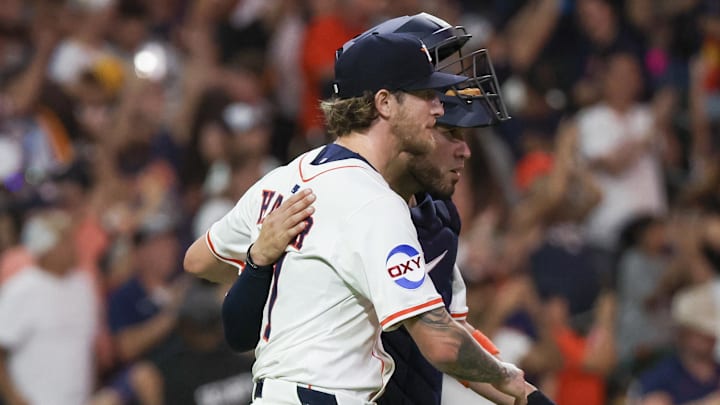 Apr 19, 2025; Houston, Texas, USA; Houston Astros relief pitcher Josh Hader (71) and Houston Astros catcher Victor Caratini (17) celebrate after defeating the San Diego Padres at Daikin Park.
