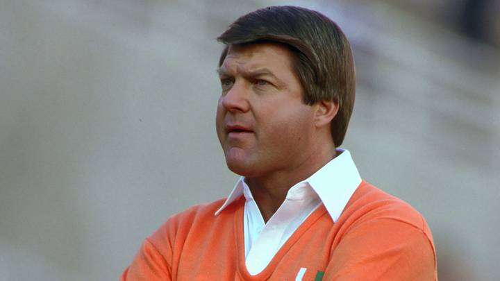 Jan 2, 1987; Tempe, AZ, USA; FILE PHOTO; Miami Hurricanes head coach Jimmy Johnson prior to the start of the 1987 Fiesta Bowl against the Penn State Nittany Lions at Sun Devil Stadium. Mandatory Credit: Photo By USA TODAY Sports ? Copyright  USA TODAY Sports