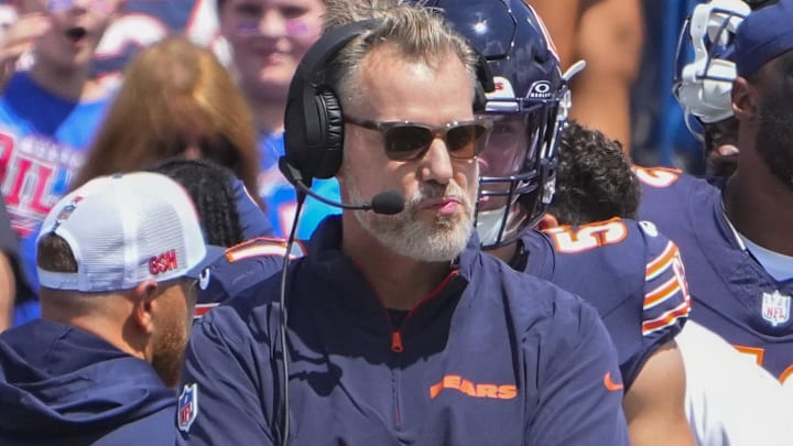 Aug 10, 2024; Orchard Park, New York, USA; Chicago Bears head coach Matt Eberflus looks on from the sidelines during the first half against the Buffalo Bills at Highmark Stadium. Mandatory Credit: Gregory Fisher-Imagn Images