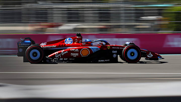 May 4, 2024; Miami Gardens, Florida, USA; Ferrari driver Charles Leclerc (16) during F1 qualifying for Miami Grand Prix at Miami International Autodrome. Mandatory Credit: Peter Casey-Imagn Images