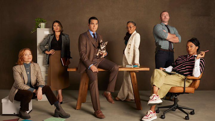 WILL TRENT - ABC's “Will Trent“ stars Erika Christensen as Angie Polaski, Gina Rodriguez as Marion Alba, Ramón Rodriguez as Will Trent, Bluebell as Betty, Sonja Sohn as Amanda Wagner, Jake McLaughlin as Michael Ormewood, and Iantha Richardson as Faith Mitchell. (Disney/Nino Muñoz)