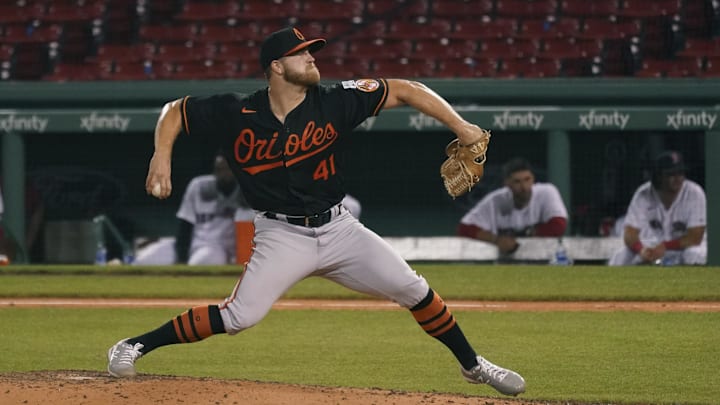 Jul 24, 2020; Boston, Massachusetts, USA; Baltimore Orioles relief pitcher David Hess (41) throws a pitch against the Boston Red Sox in the eighth inning at Fenway Park. 