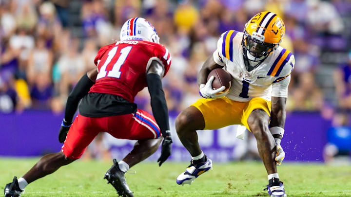 Aaron Anderson 1, LSU Tigers take on the Louisiana Tech. Sept 6, 2025; Baton Rouge, Louisiana, USA; at Tiger Stadium. Aaron Anderson 1, LSU Tigers take on the Louisiana Tech. Sept 6, 2025; Baton Rouge, Louisiana, USA; at Tiger Stadium.
