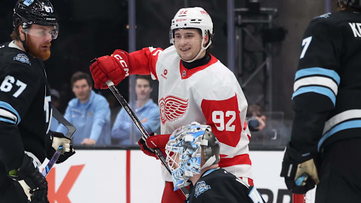 Mar 24, 2025; Salt Lake City, Utah, USA; Detroit Red Wings center Marco Kasper (92) celebrates a goal against the Utah Hockey Club during the second period at Delta Center. Mandatory Credit: Rob Gray-Imagn Images