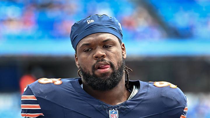Aug 10, 2024; Orchard Park, New York, USA; Chicago Bears defensive tackle Zacch Pickens (96) warms up before a pre-season game against the Buffalo Bills at Highmark Stadium. Mandatory Credit: Mark Konezny-USA TODAY Sports